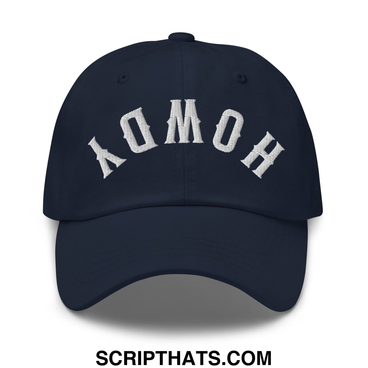 Navy blue unstructured dad hat with white embroidered homo arch design from upside down howdy collection