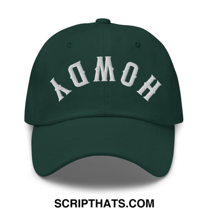 Dark green upside down howdy embroidered unstructured dad hat with white aomoh lettering in arched design
