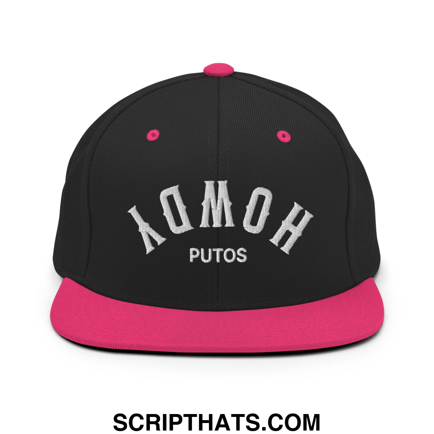 Upside Down Howdy Putos Embroidered Flat Bill Brim Snapback Hat Black Neon Pink