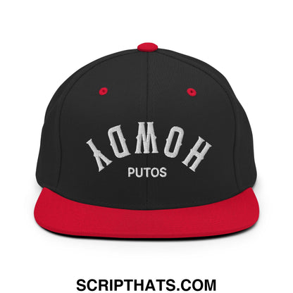 Upside Down Howdy Putos Embroidered Flat Bill Brim Snapback Hat Black Red