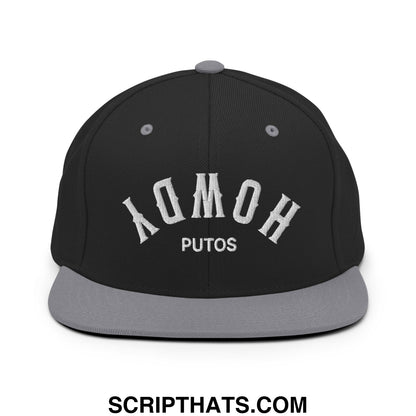 Upside Down Howdy Putos Embroidered Flat Bill Brim Snapback Hat Black Silver