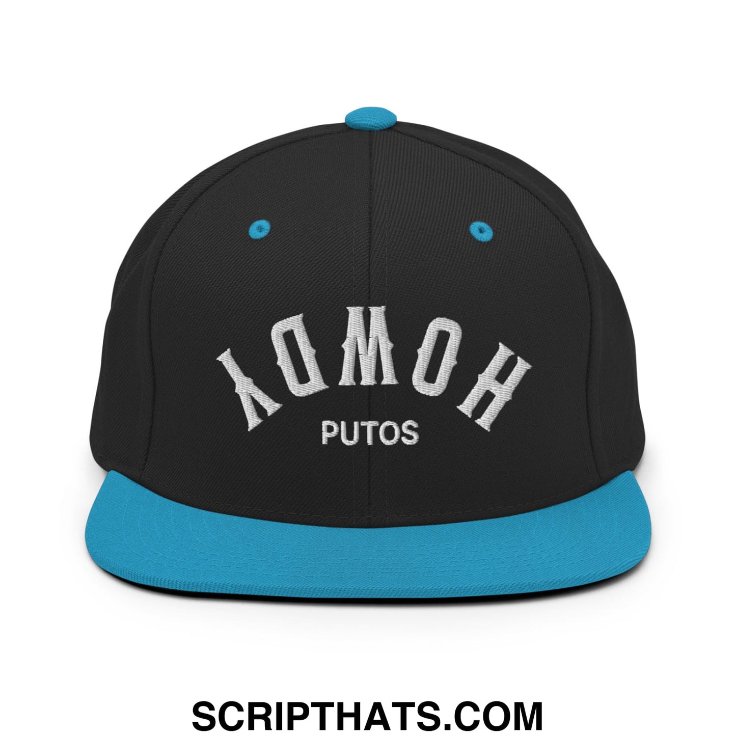 Upside Down Howdy Putos Embroidered Flat Bill Brim Snapback Hat Black Teal