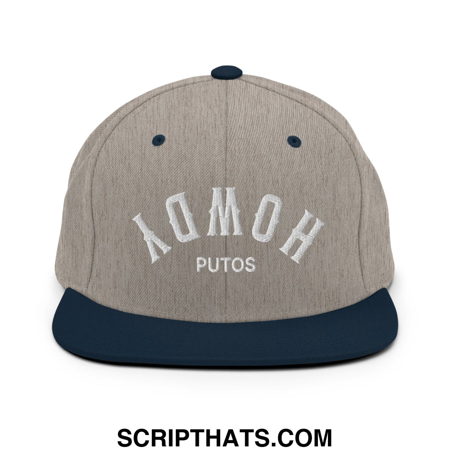 Upside Down Howdy Putos Embroidered Flat Bill Brim Snapback Hat Heather Grey Navy