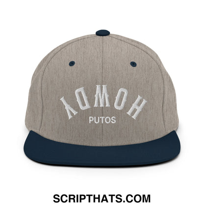 Upside Down Howdy Putos Embroidered Flat Bill Brim Snapback Hat Heather Grey Navy