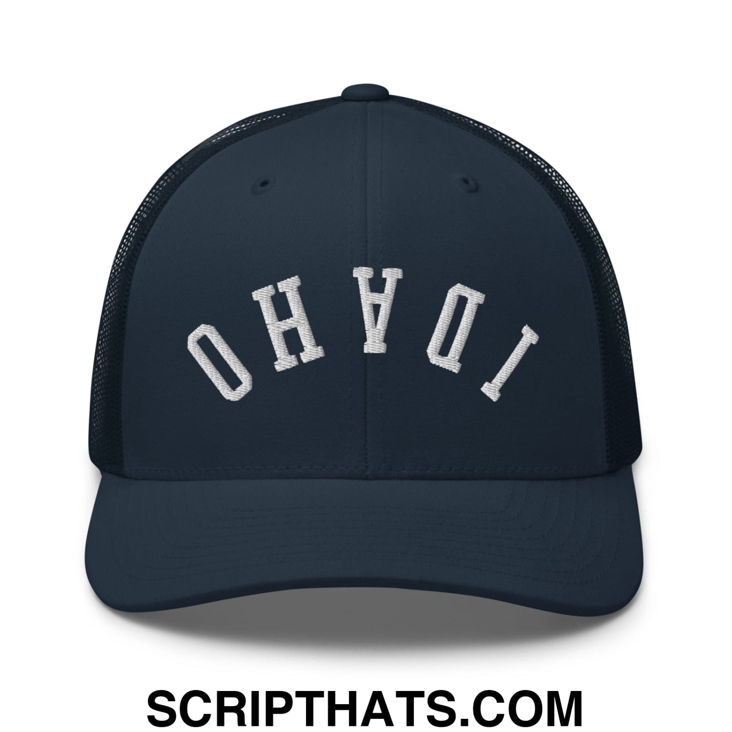 Upside Down Idaho Embroidered Mesh Trucker Hat Navy