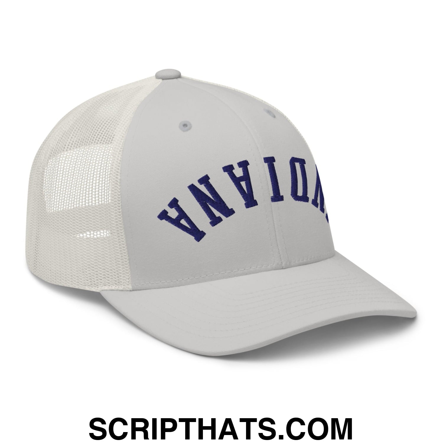 Upside Down Indiana Basketball Embroidered Mesh Trucker Hat Silver