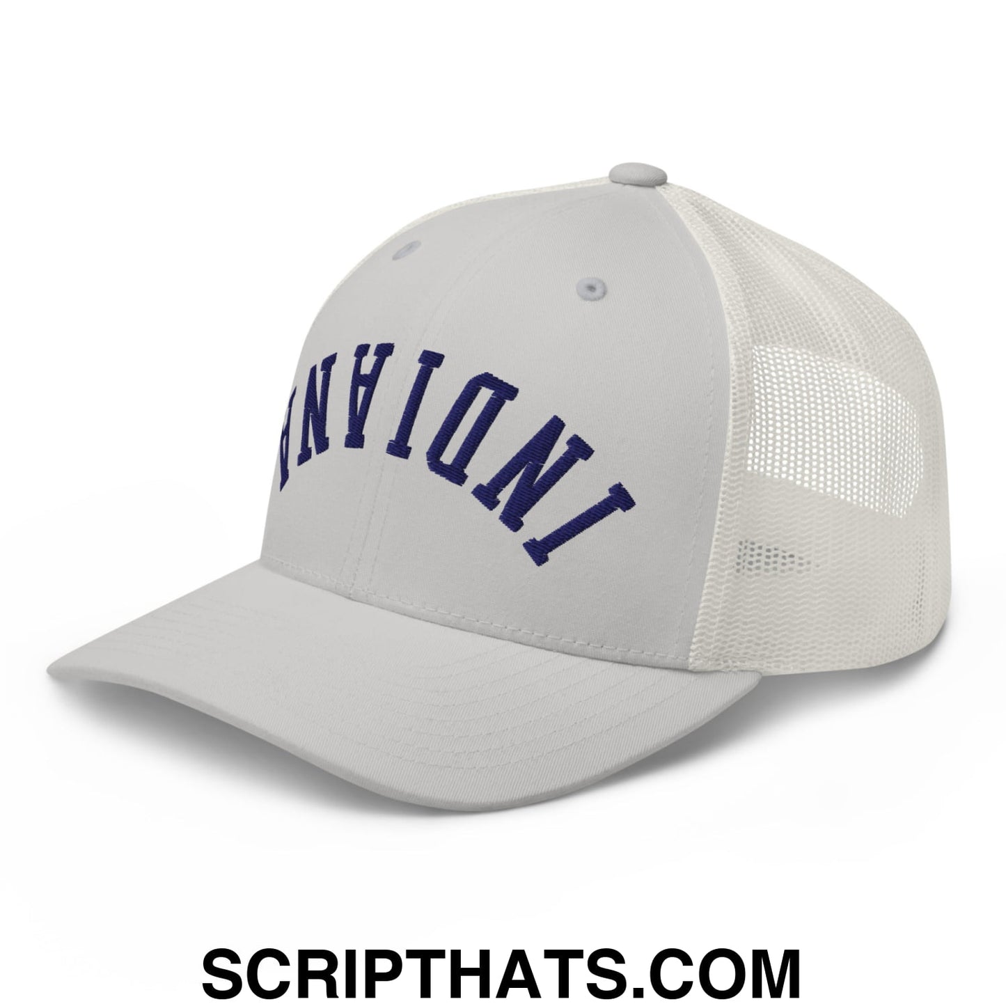 Upside Down Indiana Basketball Embroidered Mesh Trucker Hat Silver