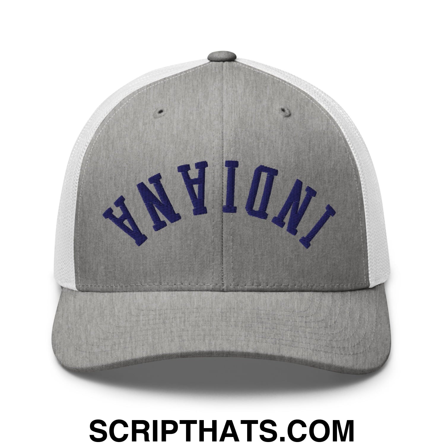 Upside Down Indiana Basketball Embroidered Mesh Trucker Hat Heather Grey White