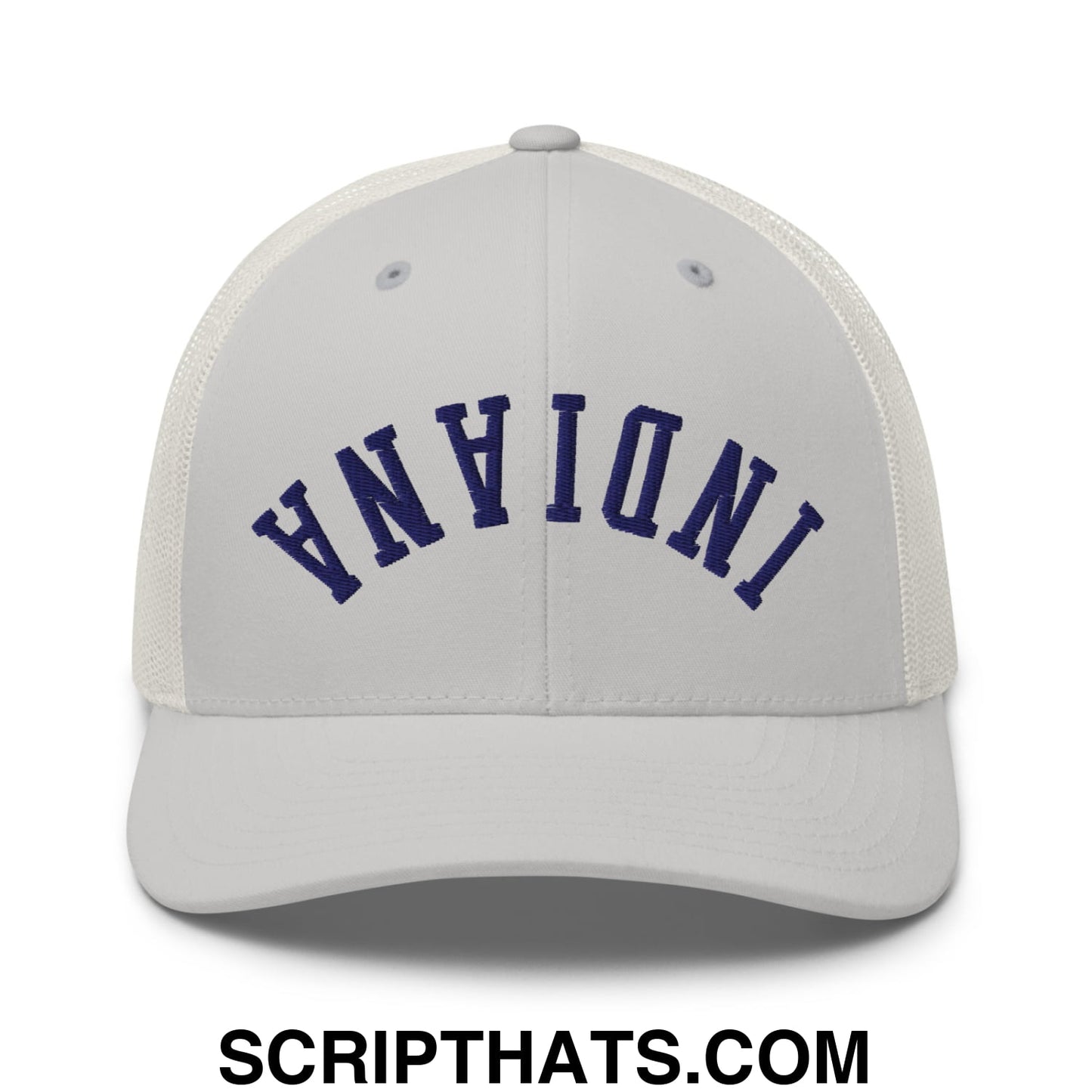 Upside Down Indiana Basketball Embroidered Mesh Trucker Hat Silver