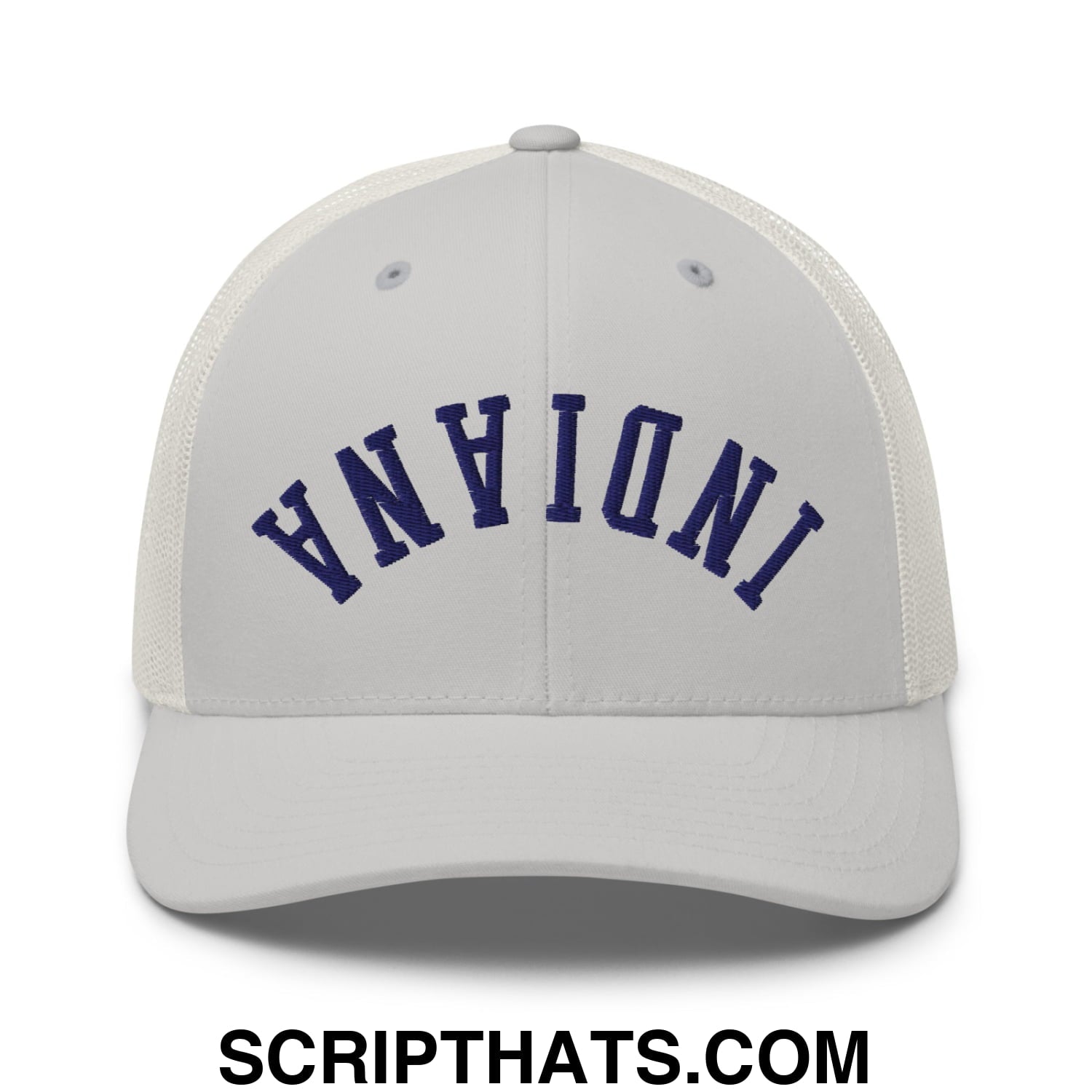 Upside Down Indiana Basketball Embroidered Mesh Trucker Hat Silver