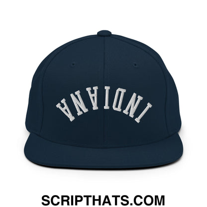 Upside Down Indiana Embroidered Flat Bill Brim Snapback Hat Dark Navy