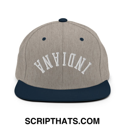 Upside Down Indiana Embroidered Flat Bill Brim Snapback Hat Heather Grey Navy