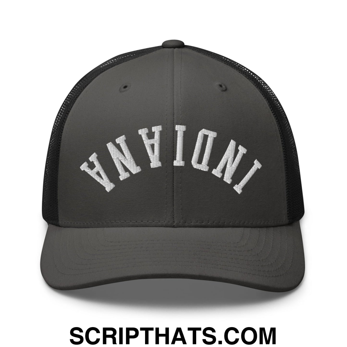 Upside Down Indiana Embroidered Mesh Trucker Hat Charcoal Black
