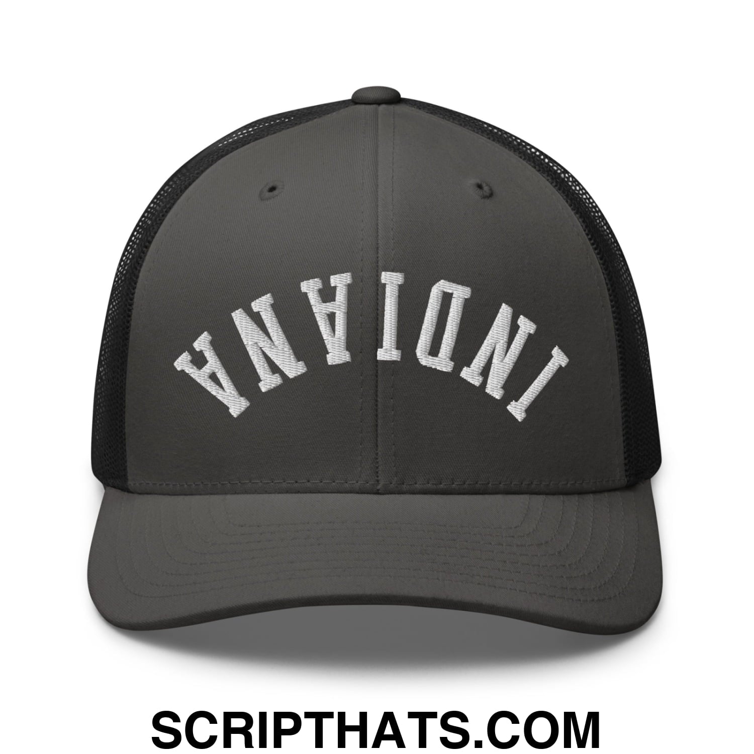 Upside Down Indiana Embroidered Mesh Trucker Hat Charcoal Black