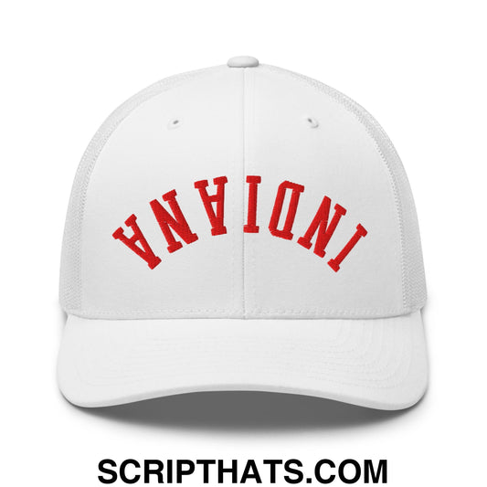Upside Down Indiana Football Embroidered Mesh Trucker Hat White