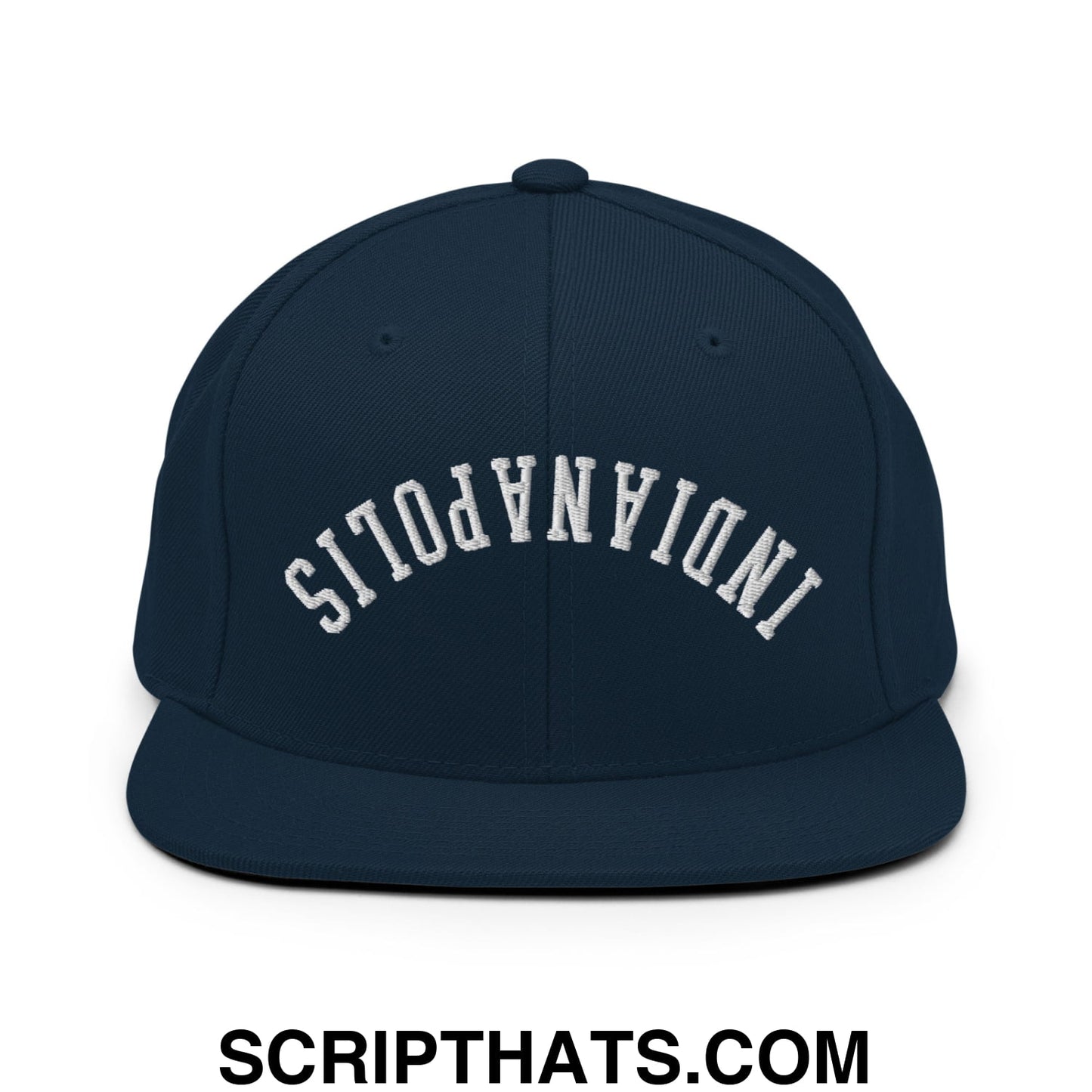 Upside Down Indianapolis Embroidered Flat Bill Brim Snapback Hat Dark Navy