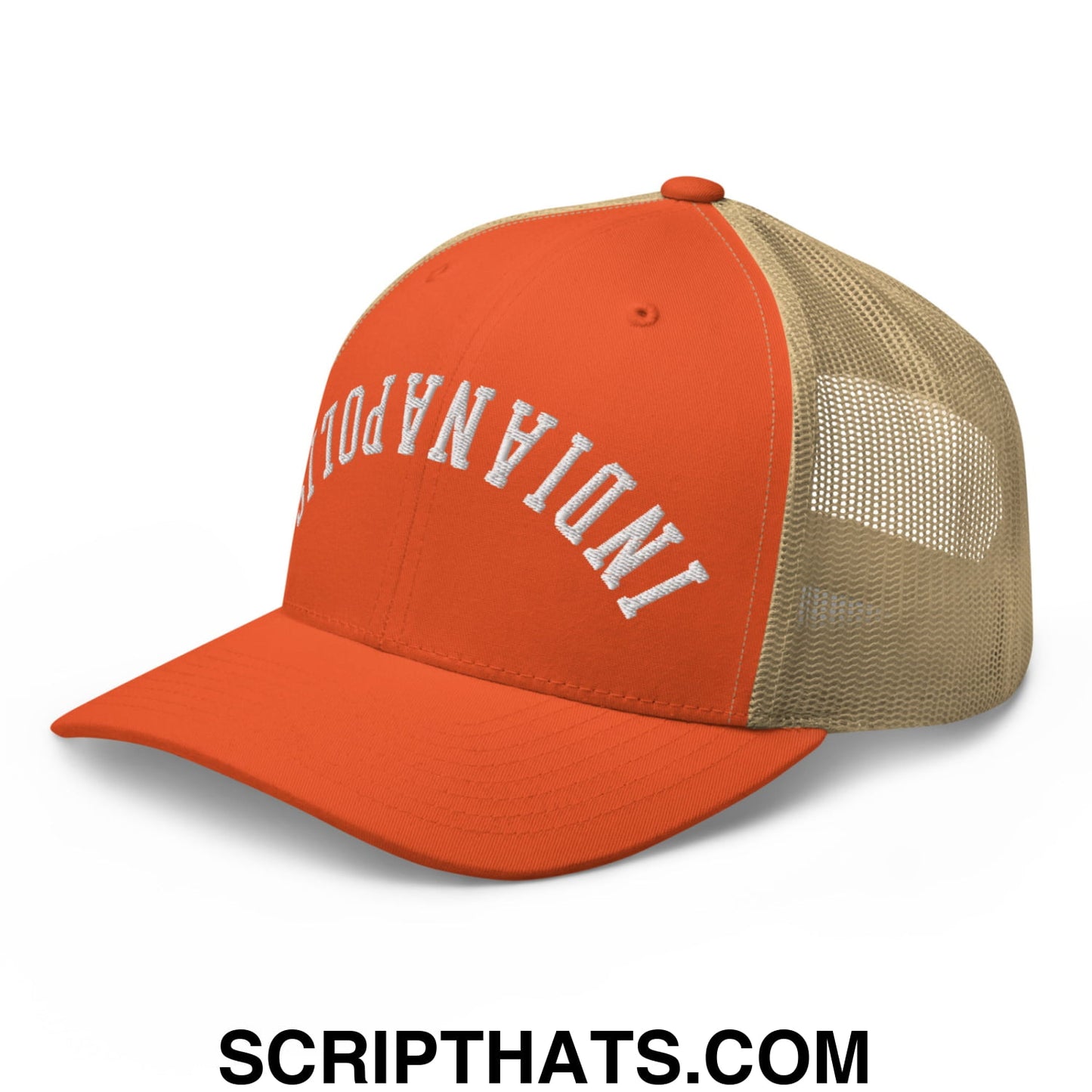 Upside Down Indianapolis Embroidered Mesh Trucker Hat Rustic Orange Khaki
