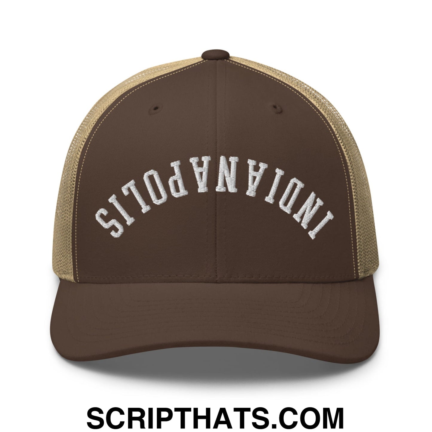 Upside Down Indianapolis Embroidered Mesh Trucker Hat Brown Khaki