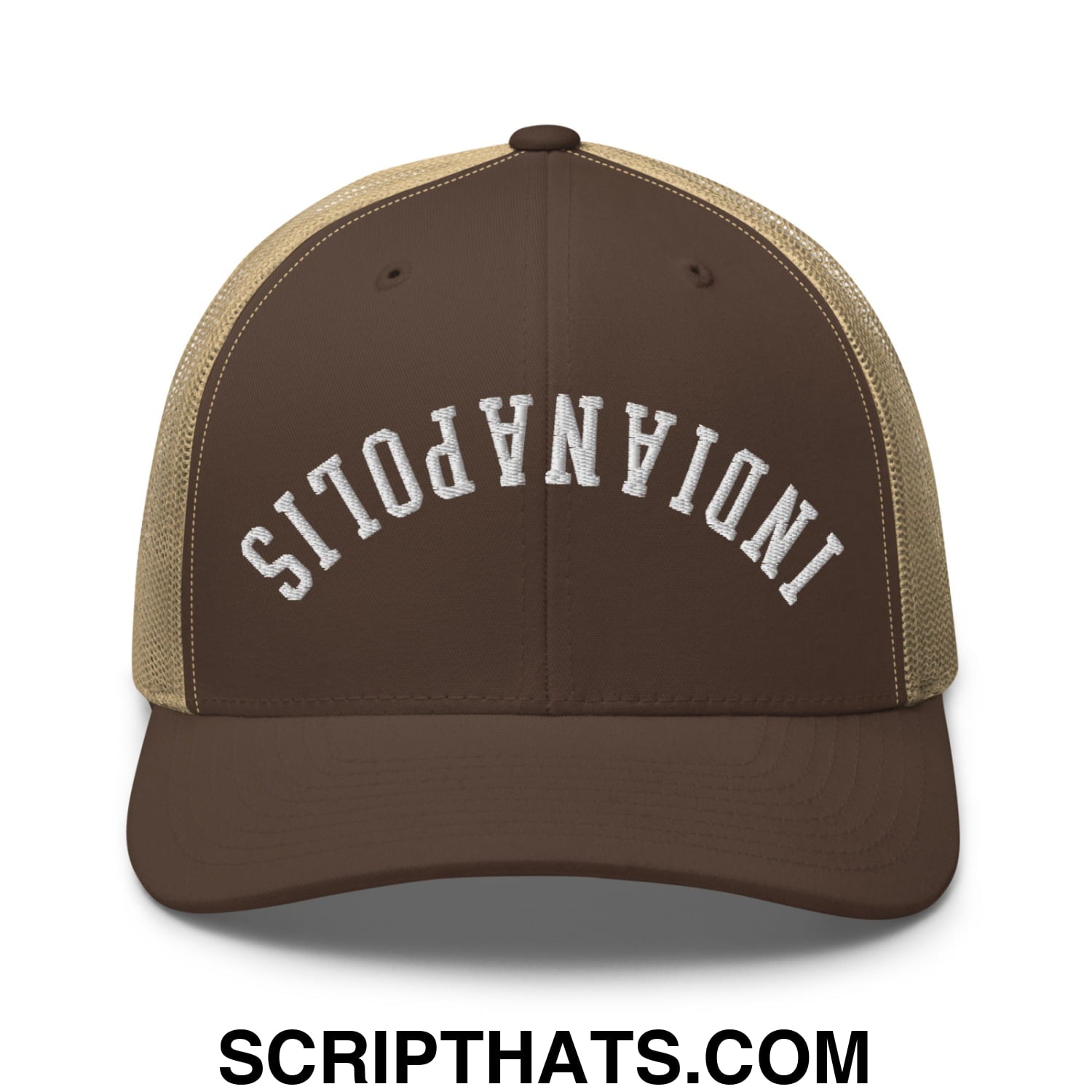 Upside Down Indianapolis Embroidered Mesh Trucker Hat Brown Khaki