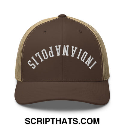 Upside Down Indianapolis Embroidered Mesh Trucker Hat Brown Khaki