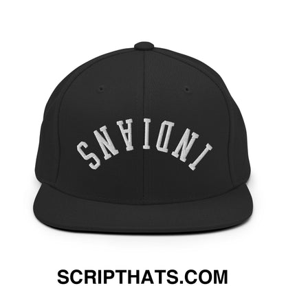 Black flat bill snapback hat with white arched indiana embroidery featuring upside down indians design