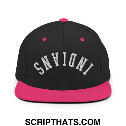Black snapback hat with vibrant pink brim and indiana embroidered in white for stylish casual wear