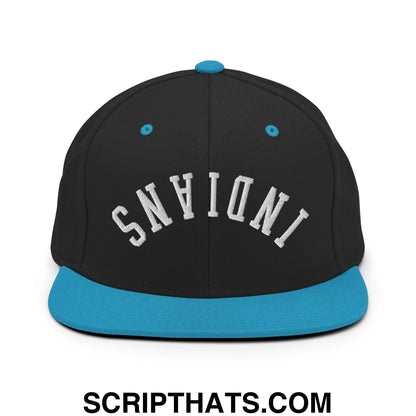 Black snapback cap with teal brim and button featuring white indiana embroidery in arched lettering on front