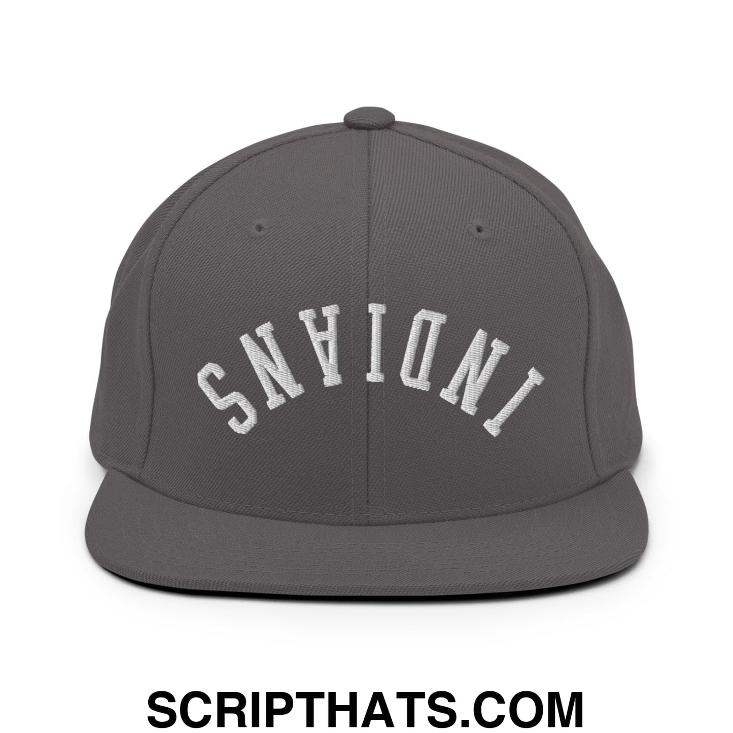 Gray snapback cap with white embroidered indiana lettering in an arched design and flat bill brim