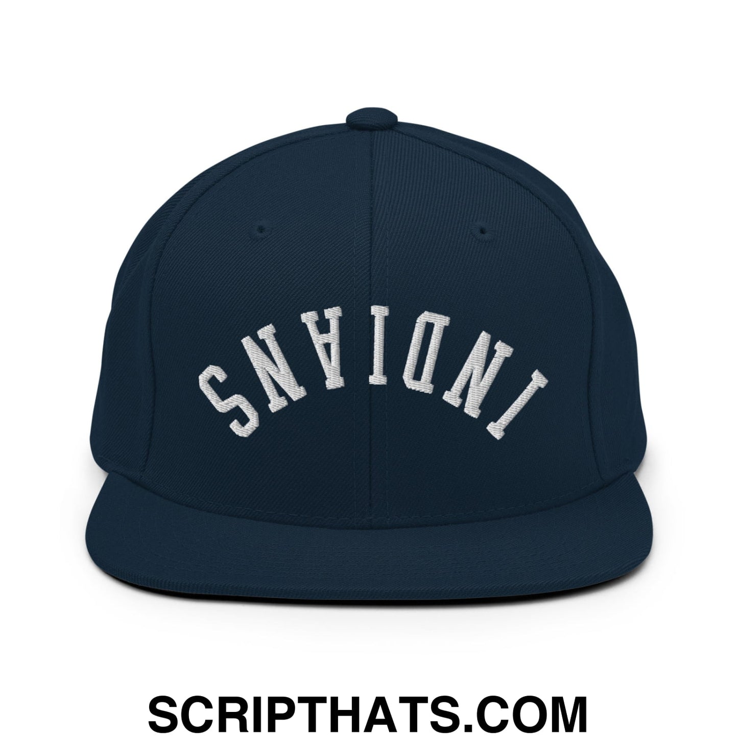 Navy blue snapback hat with white embroidered indiana lettering and flat bill brim in upside down indians design