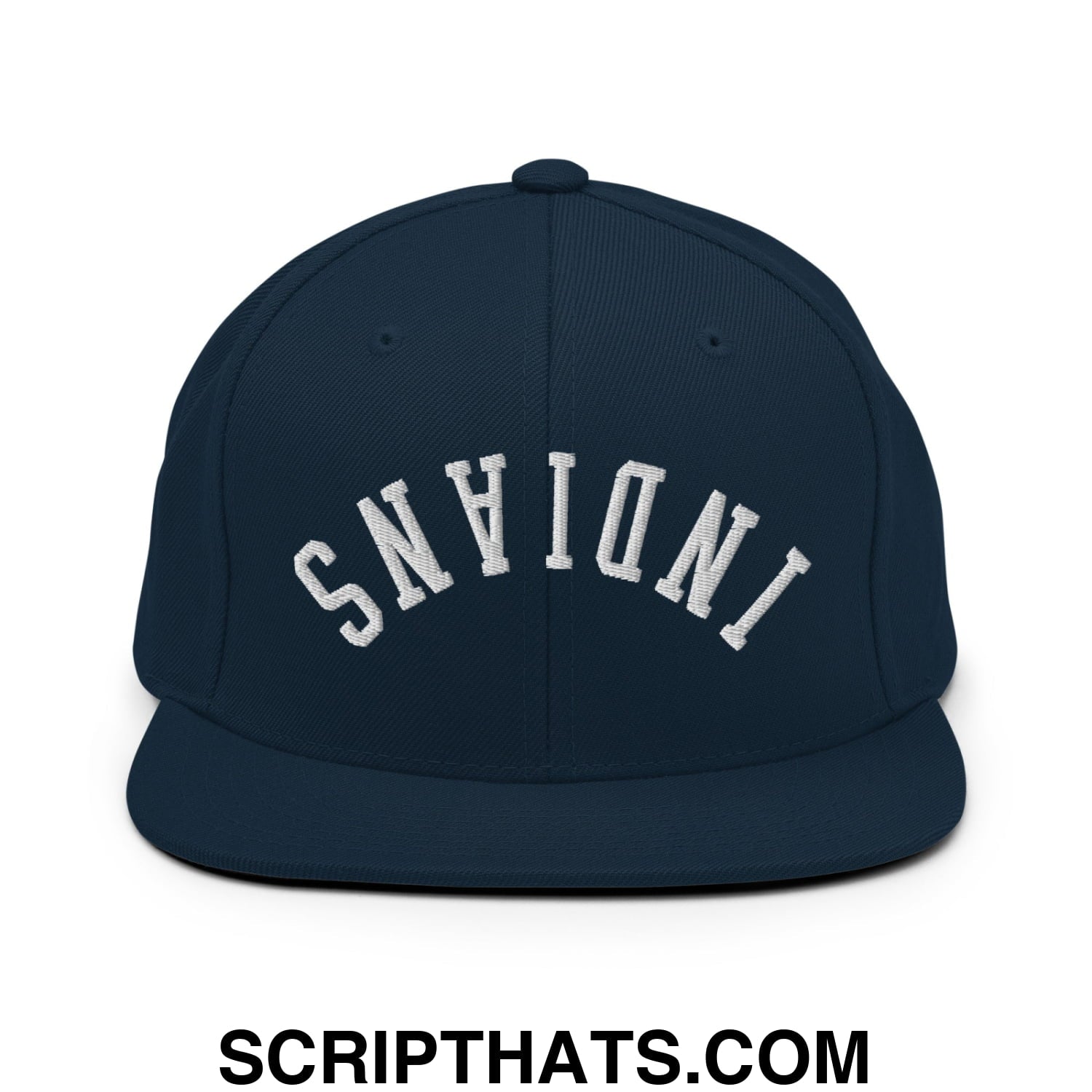Navy blue snapback hat with white embroidered indiana lettering and flat bill brim in upside down indians design