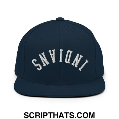 Navy blue snapback hat with white embroidered indiana lettering and flat bill brim in upside down indians design