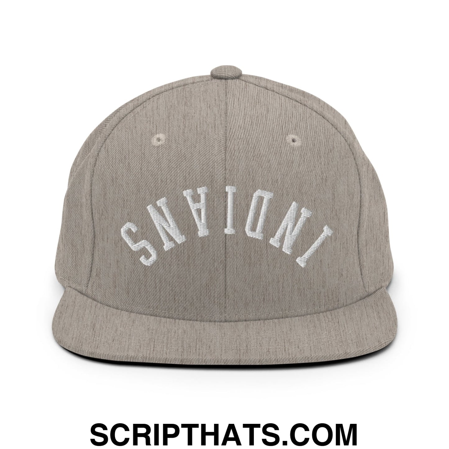 Gray snapback hat with white embroidered Indiana lettering and flat bill brim from Upside Down Indians collection