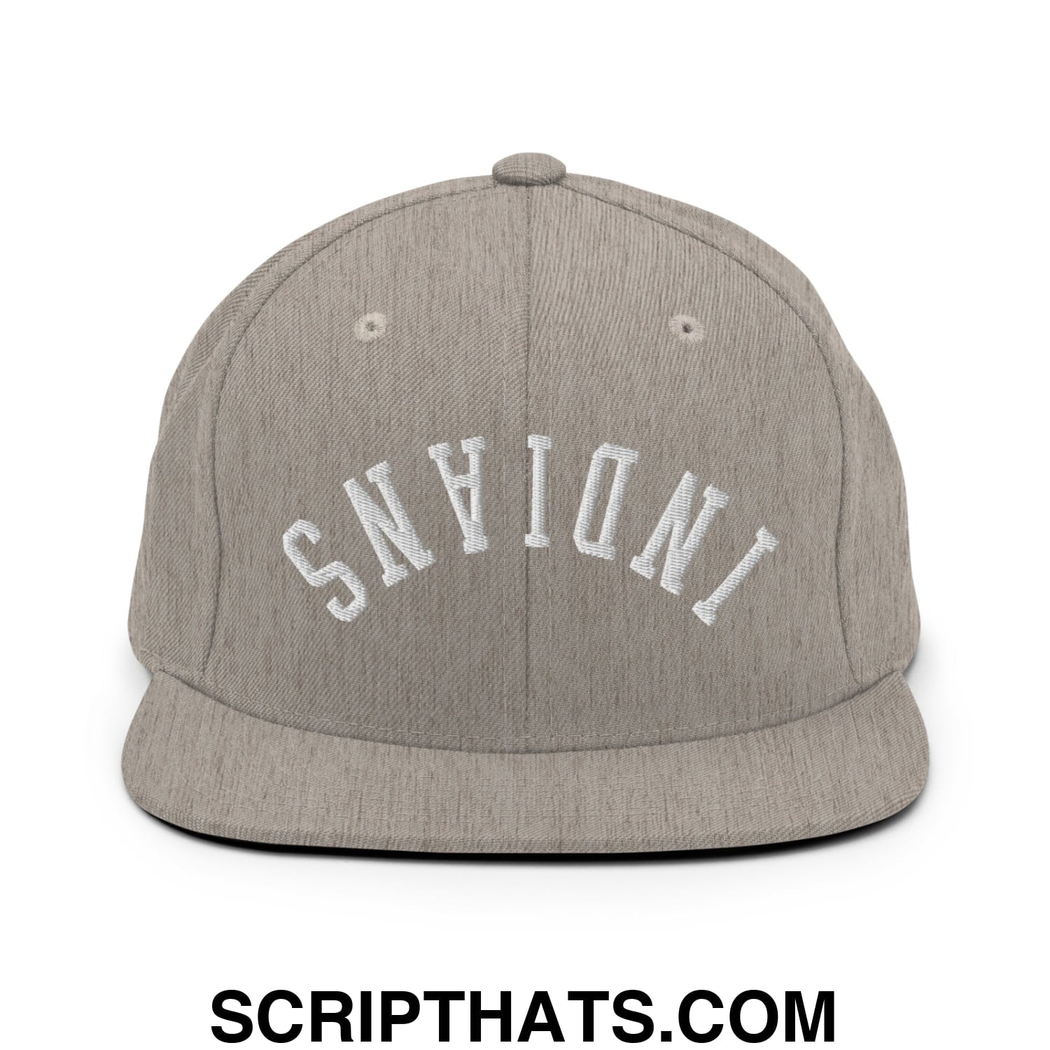 Gray snapback hat with white embroidered Indiana lettering and flat bill brim from Upside Down Indians collection