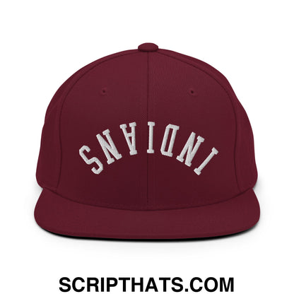 Maroon snapback cap with white embroidered indiana lettering and flat bill brim in an upside down indians design