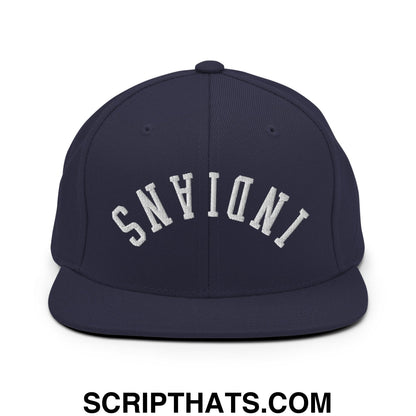 Navy blue snapback cap with white arched Indiana embroidery and flat bill brim for casual wear