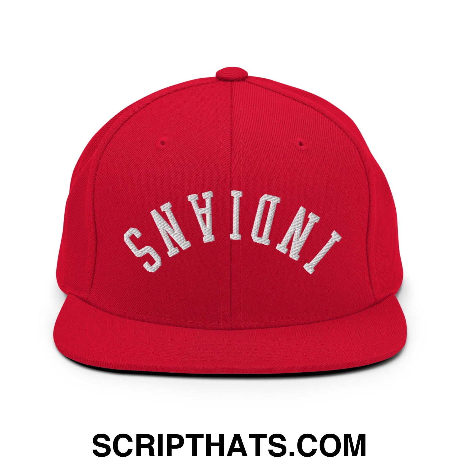 Red snapback cap with white embroidered indiana lettering in an arched design and flat bill brim