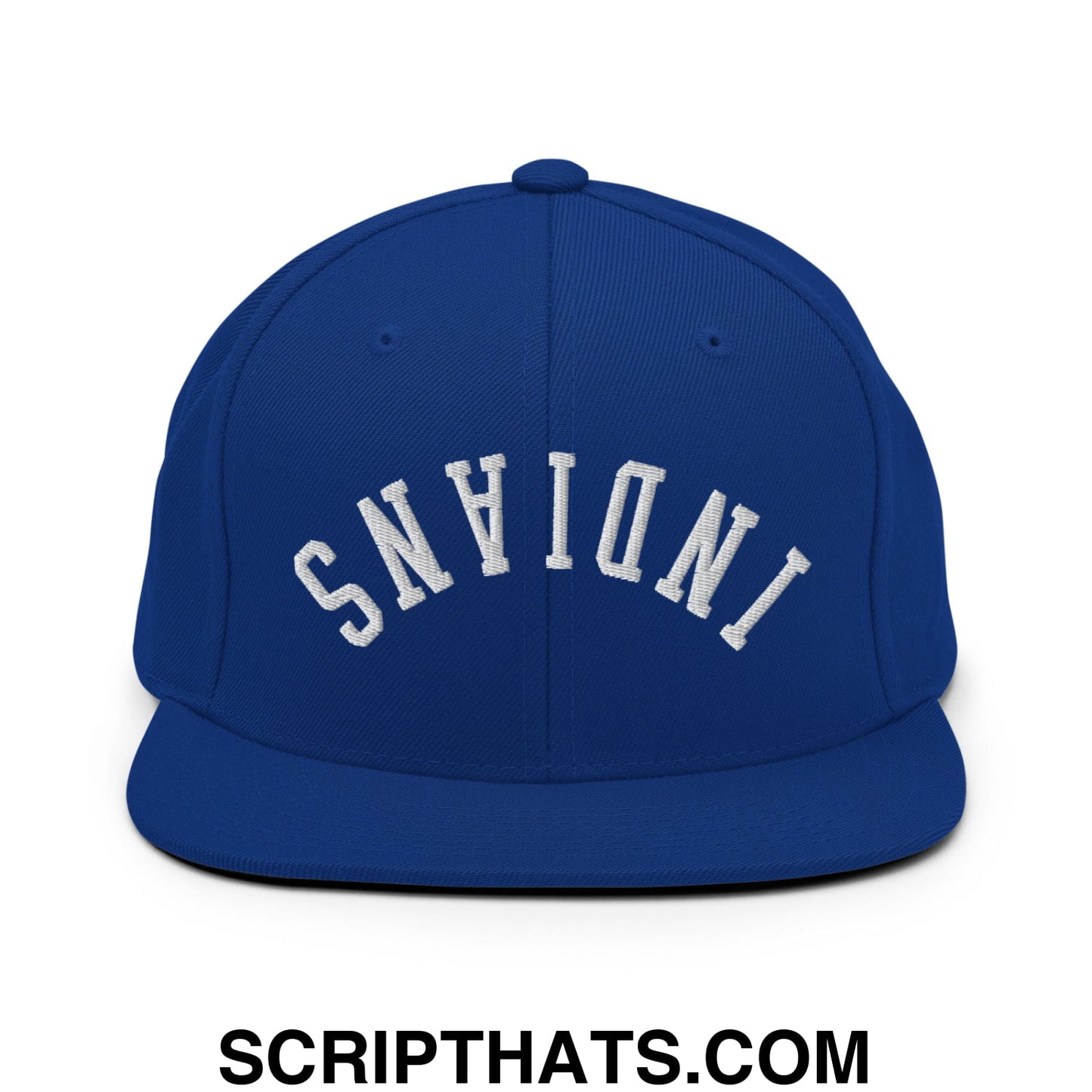 Royal blue flat bill snapback hat with white embroidered Indiana lettering in an arched design