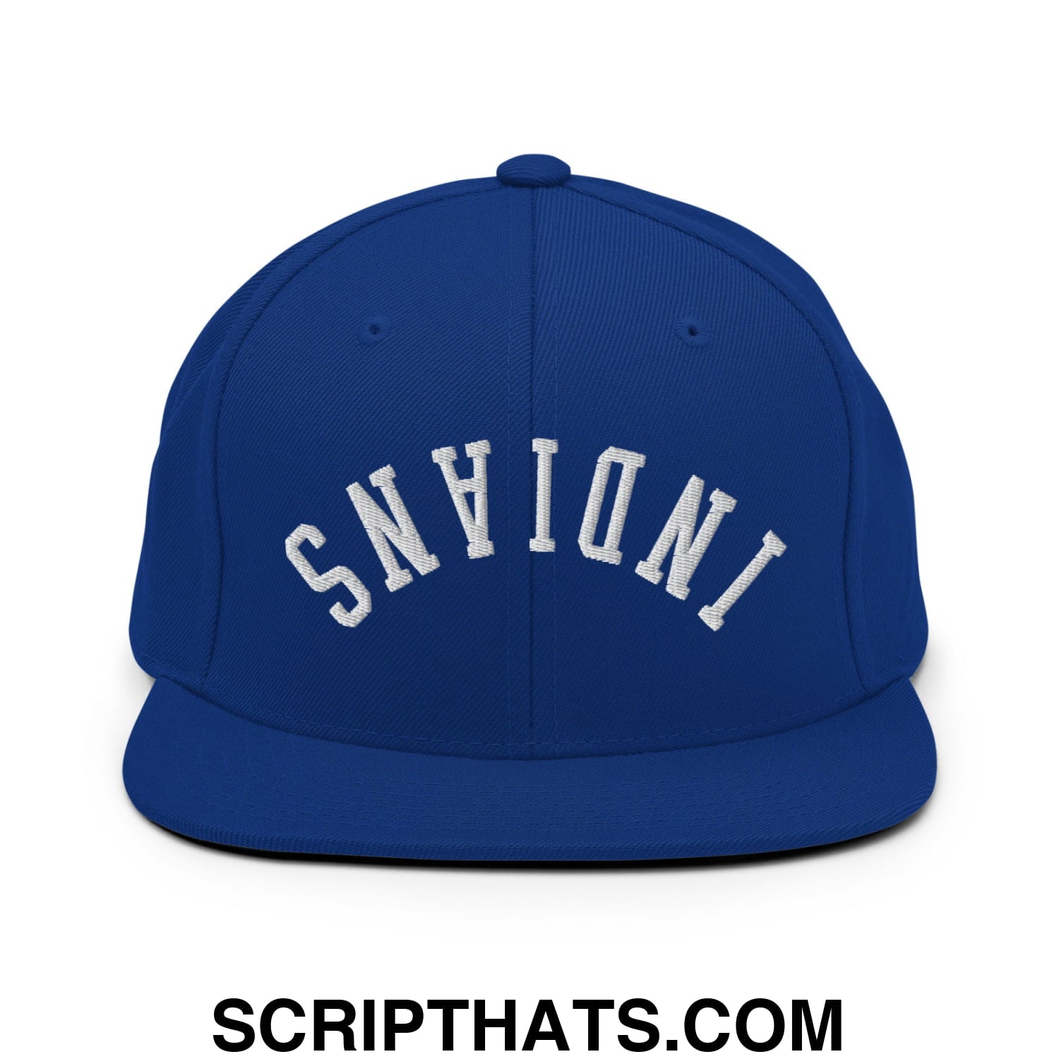 Royal blue flat bill snapback hat with white embroidered Indiana lettering in an arched design