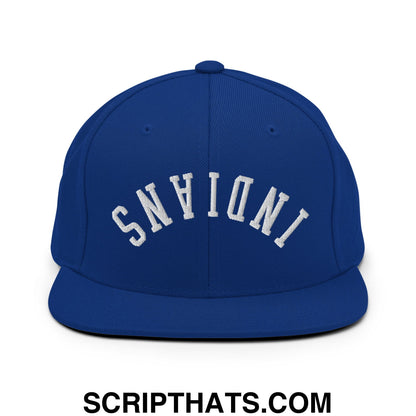 Royal blue flat bill snapback hat with white embroidered Indiana lettering in an arched design