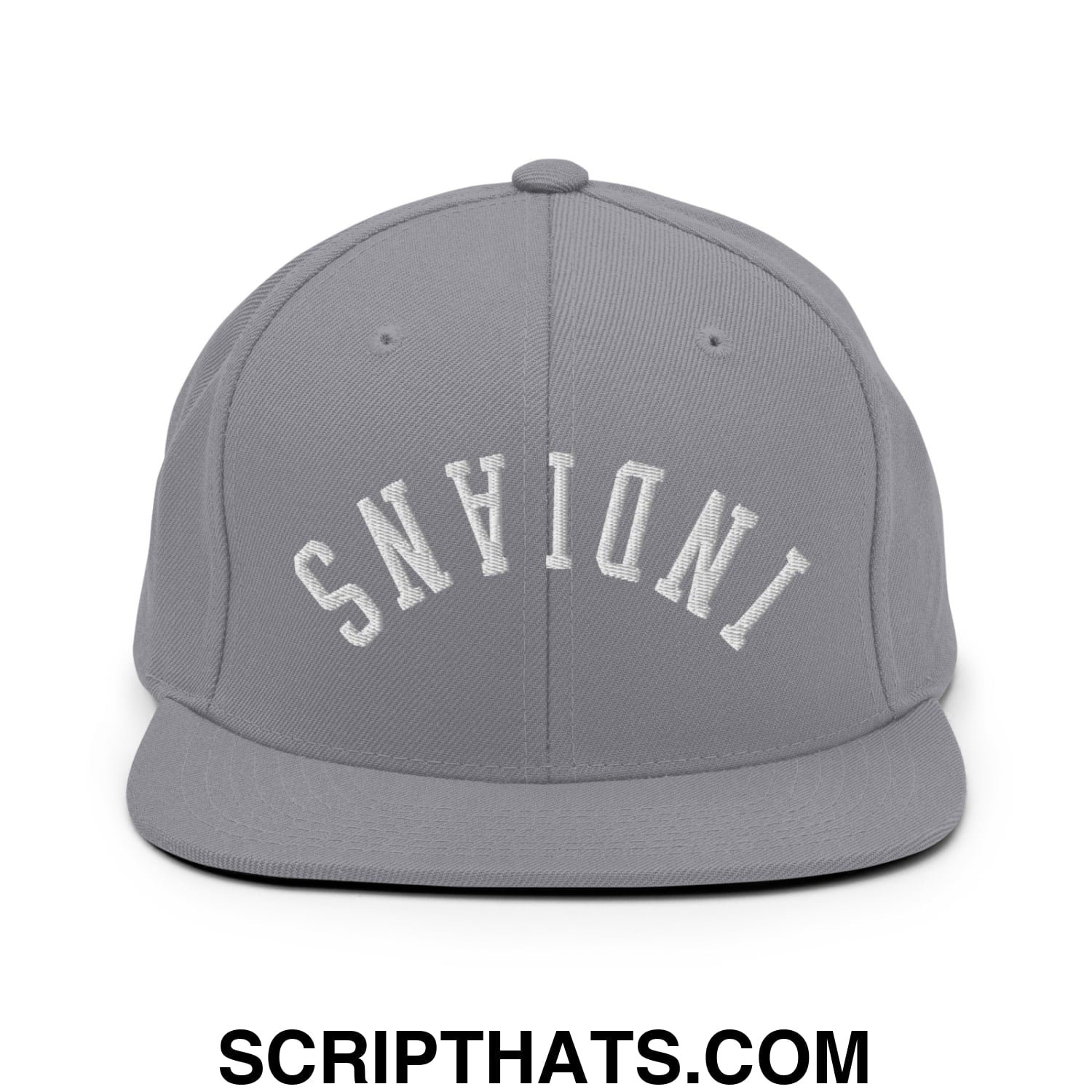 Gray snapback cap with white embroidered indiana lettering and flat bill brim in upside down indians design