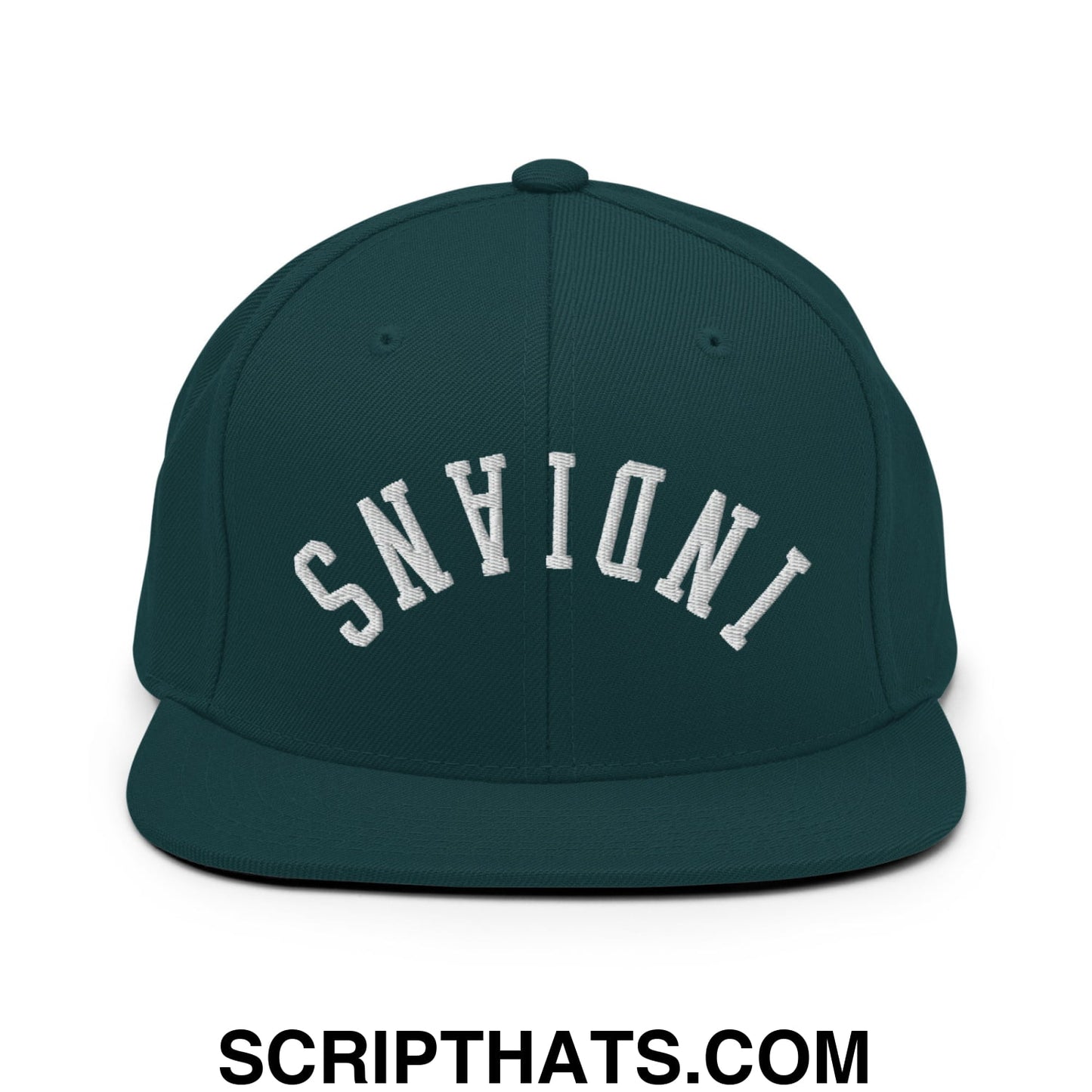 Dark green snapback hat with white embroidered indiana lettering and flat bill brim for casual wear