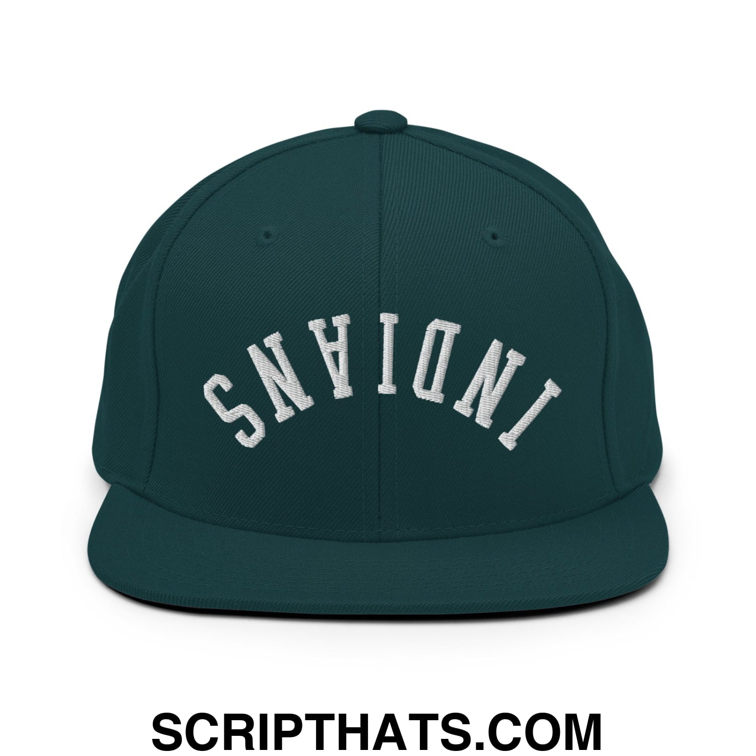 Dark green snapback hat with white embroidered indiana lettering and flat bill brim for casual wear