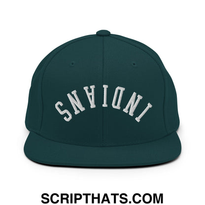 Dark green snapback hat with white embroidered indiana lettering and flat bill brim for casual wear
