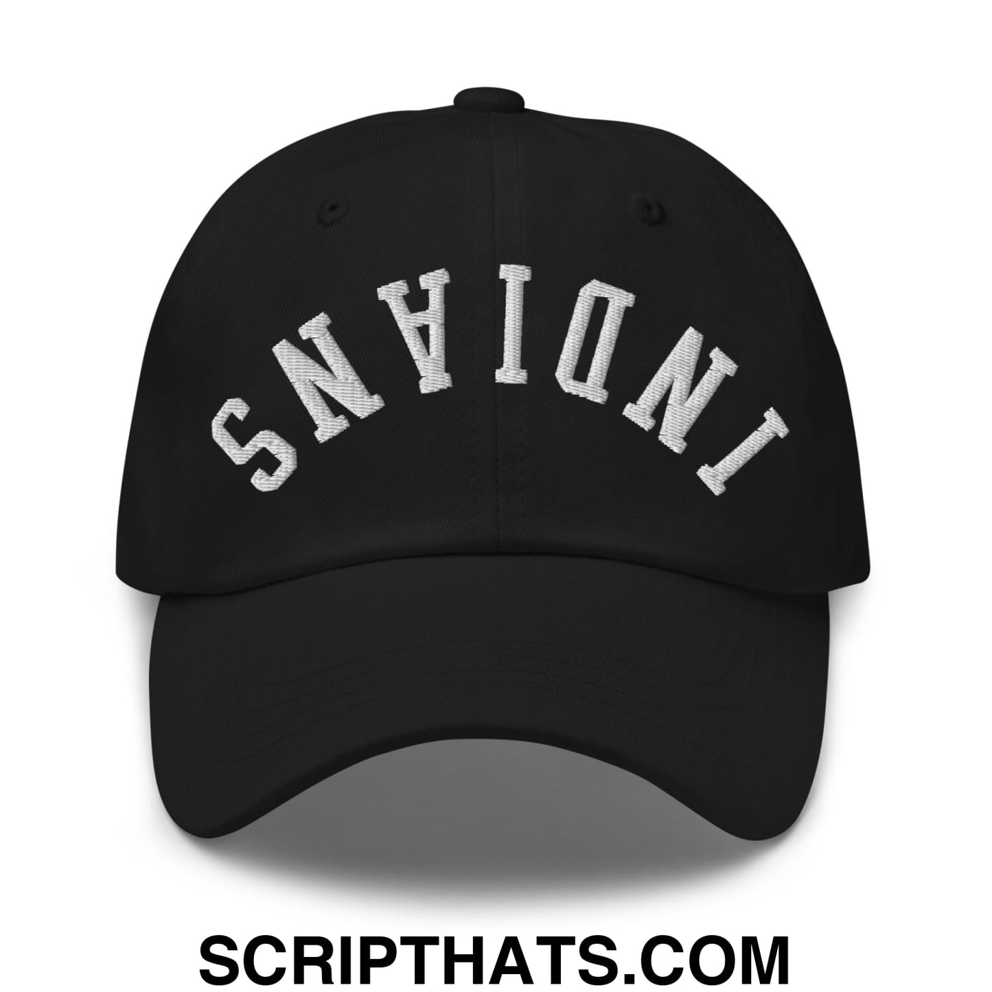 Black unstructured dad hat with white embroidered indiana lettering in an arched design titled Upside Down Indians