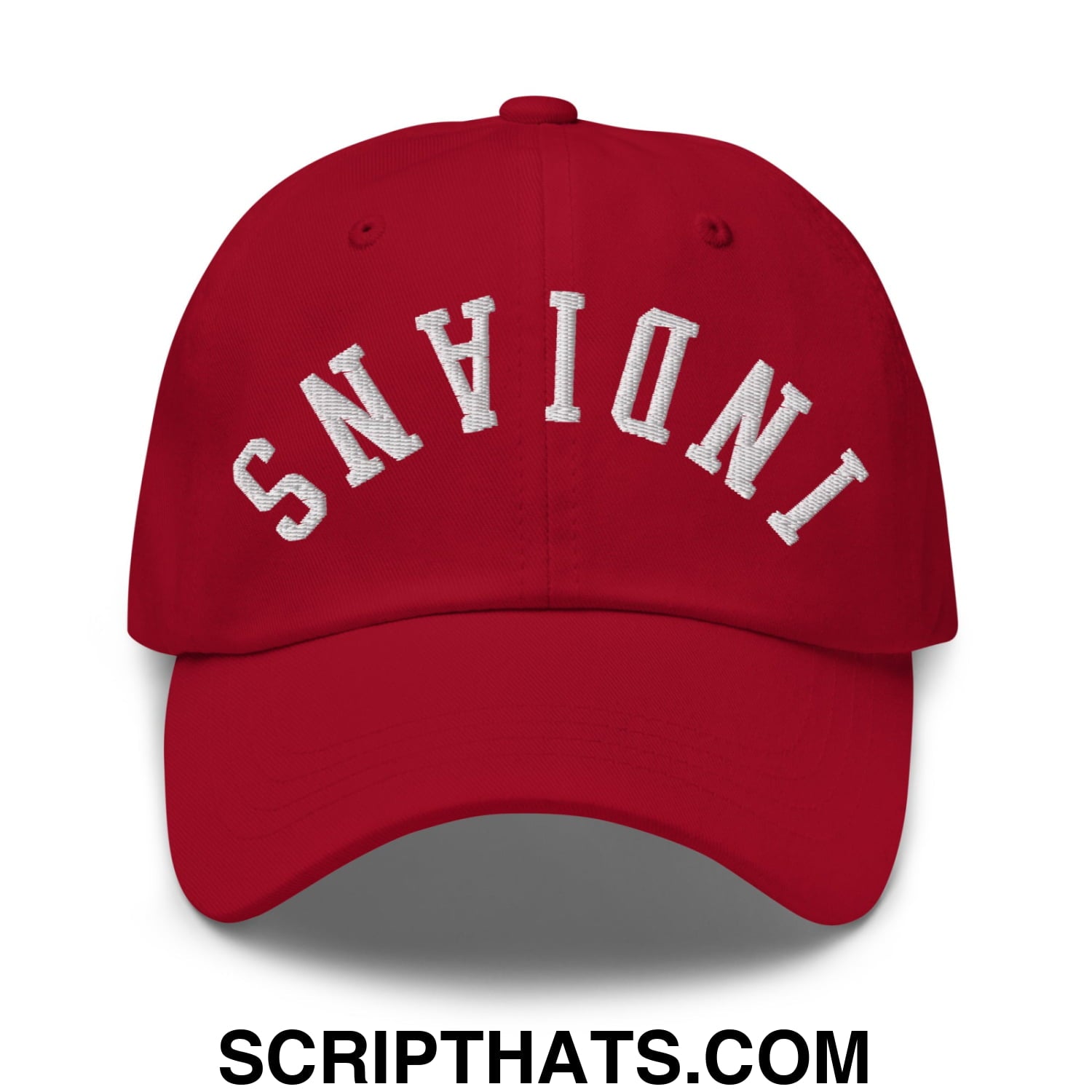 Red unstructured dad hat with white embroidered indiana lettering in an arched design upside down indians style
