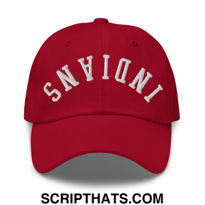 Red unstructured dad hat with white embroidered indiana lettering in an arched design upside down indians style
