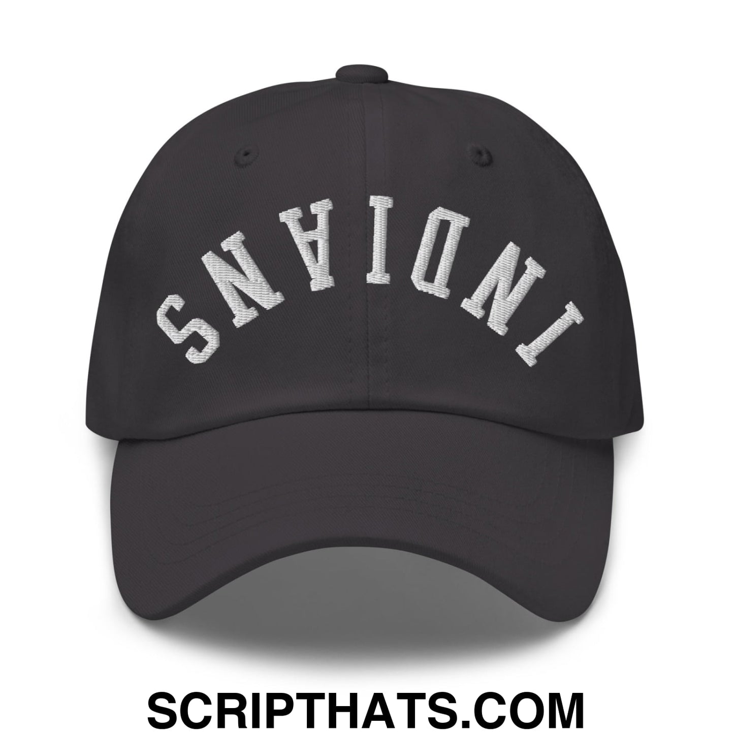 Black unstructured dad hat with white embroidered indiana lettering in an arched design upside down indians style