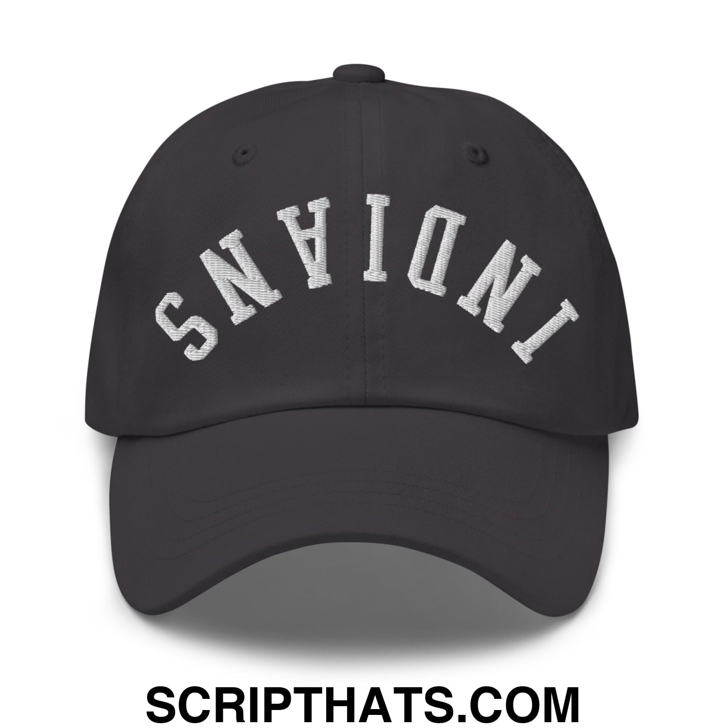 Black unstructured dad hat with white embroidered indiana lettering in an arched design upside down indians style