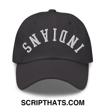 Black unstructured dad hat with white embroidered indiana lettering in an arched design upside down indians style