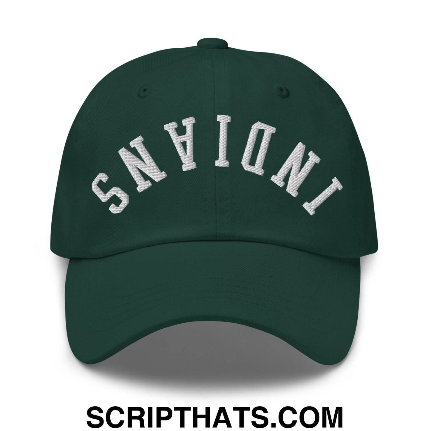 Dark green unstructured dad hat with white embroidered indiana lettering in an arched design for casual wear
